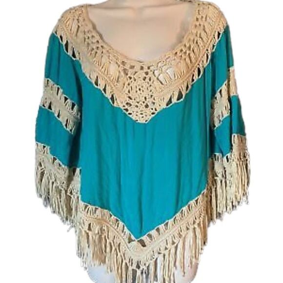 ✨ DREAMERS Boho Fringe & Crochet Teal Top✨ - Picture 3 of 6